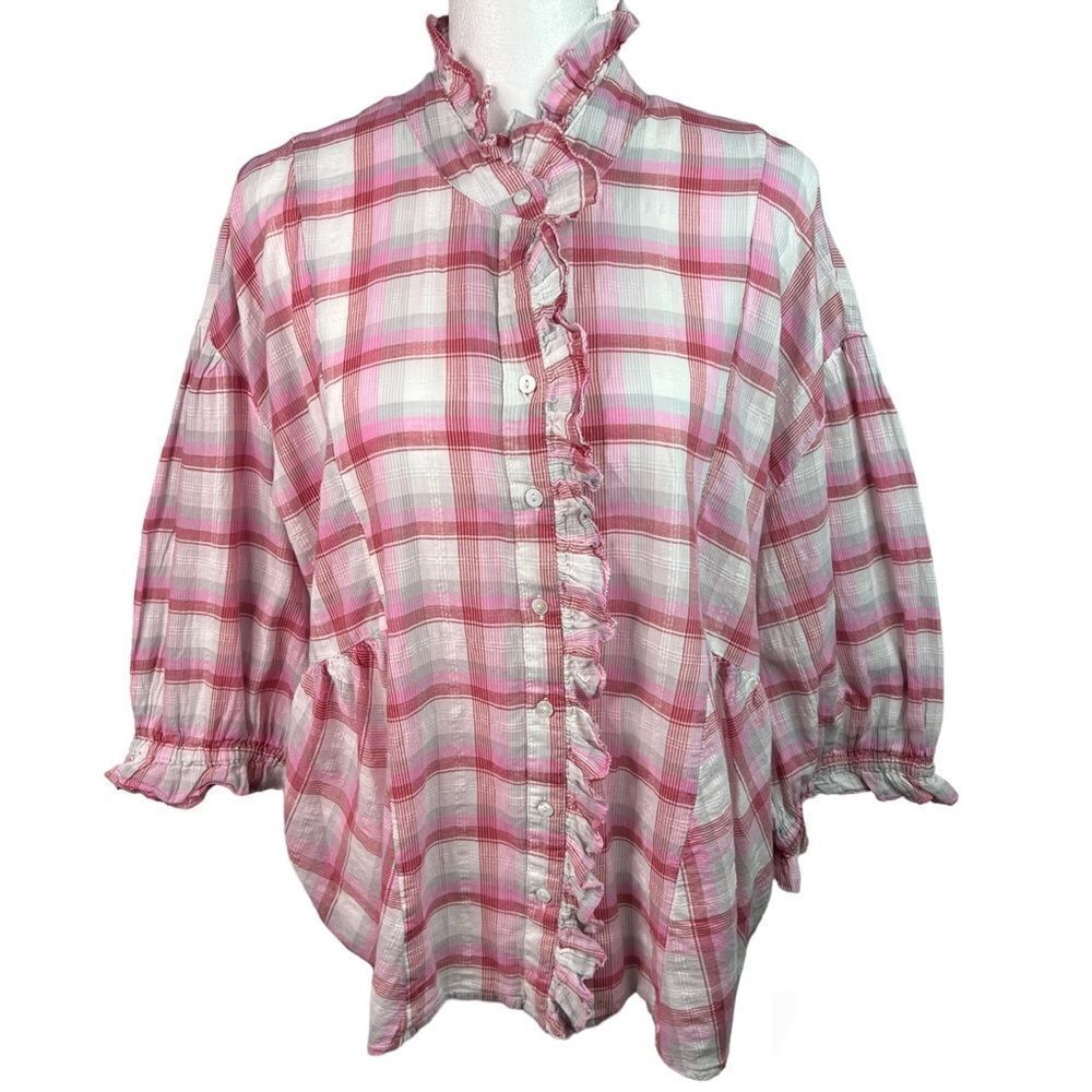 Sundance Janis Pink/White Plaid Ruffle-Edge Button-Down Peasant Shirt Sz M
